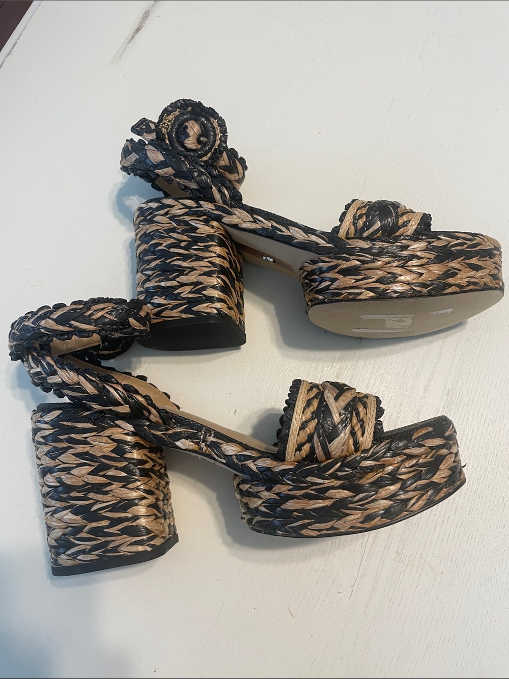New Same Edelman Iliana Platform Sandal size 8 Black/ Natural Raffia - Picture 7 of 12